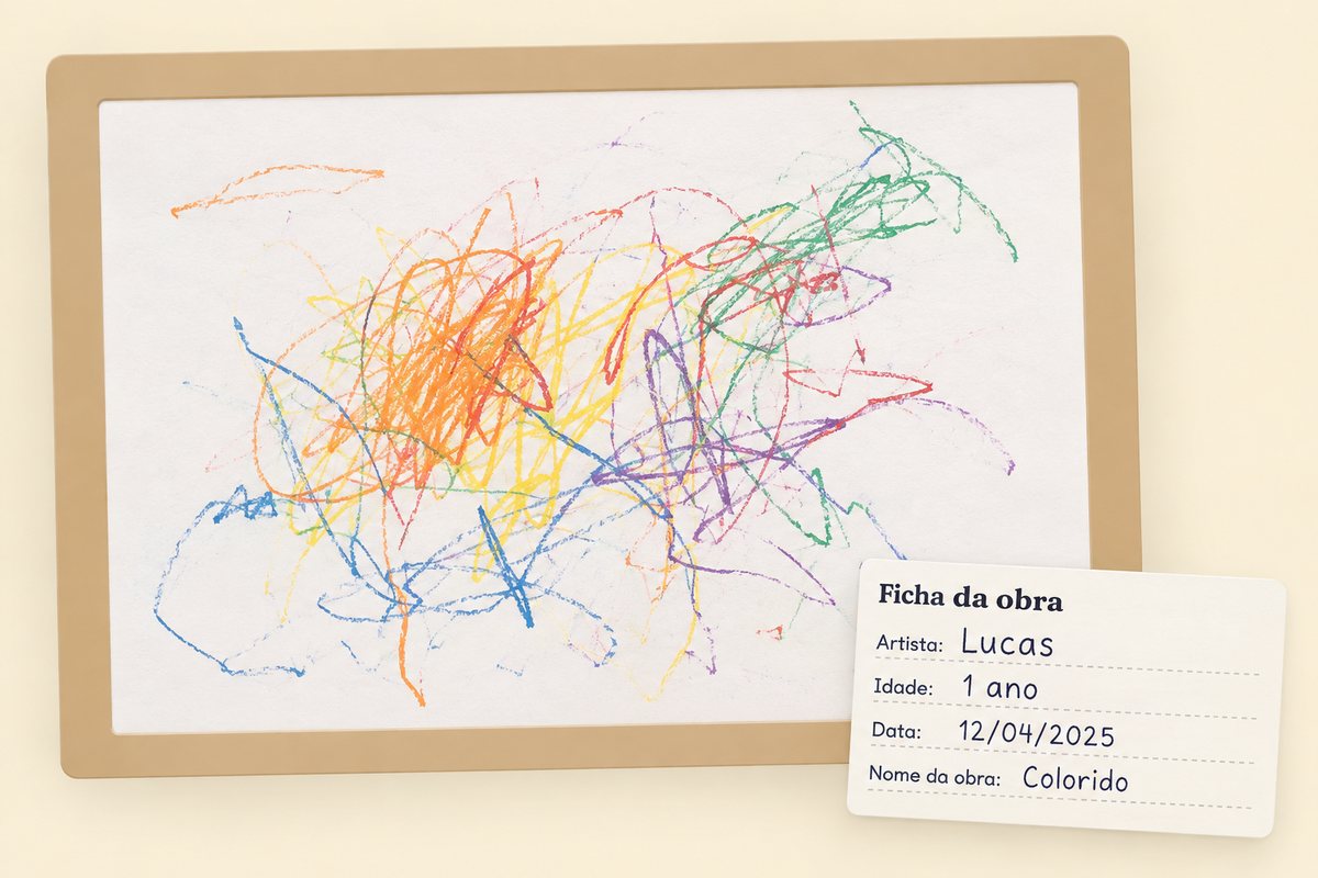 Desenho de criança de 1 ano emoldurado, com a ficha da obra preenchida: artista, idade, data e nome da obra